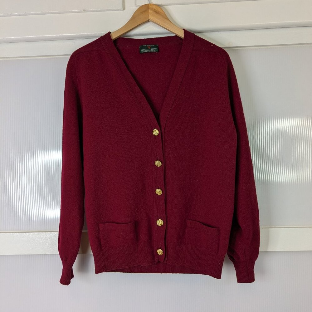 Scotch House 100% Pure Lambswool Red Cardigan Gold Ornate Buttons Made Scotland